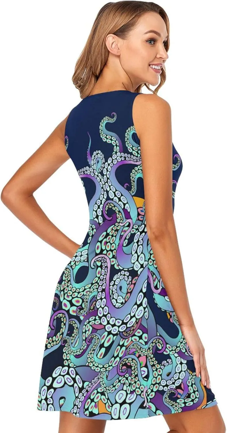 ALAZA Summer Dress Blue Octopus Tentacles Sun Dresses Sleeveless