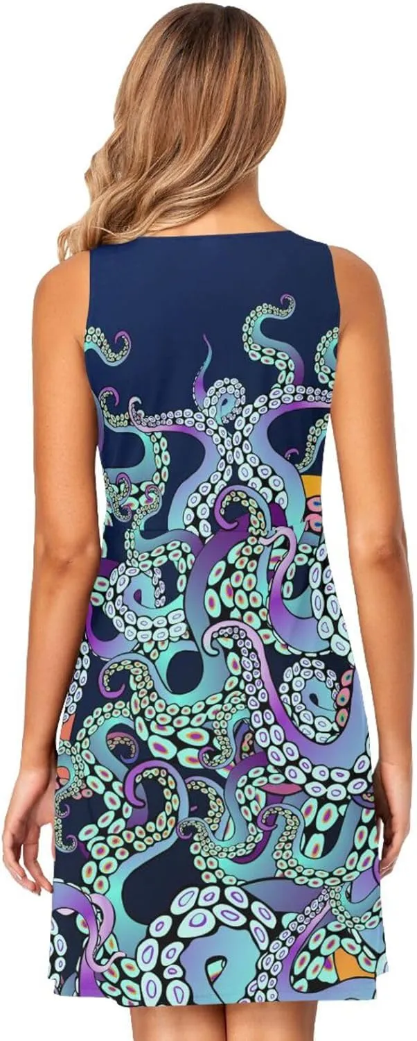 ALAZA Summer Dress Blue Octopus Tentacles Sun Dresses Sleeveless