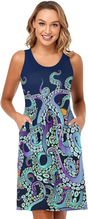 ALAZA Summer Dress Blue Octopus Tentacles Sun Dresses Sleeveless