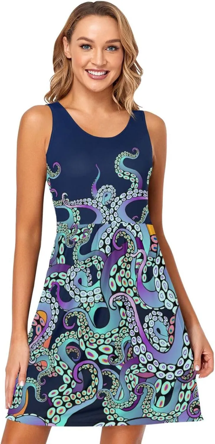 ALAZA Summer Dress Blue Octopus Tentacles Sun Dresses Sleeveless