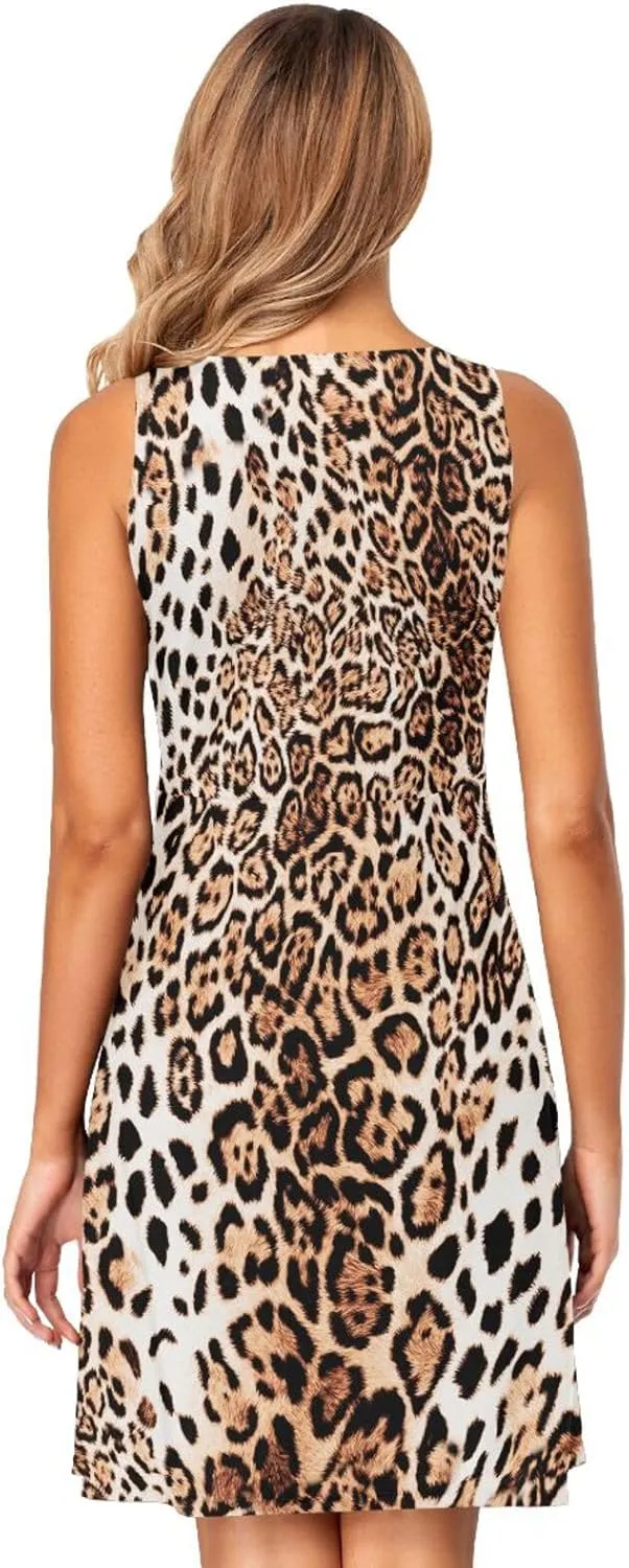 ALAZA Summer Dress Cheetah Leopard Print Animal Abstract Sun Dresses Sleeveless w/Pockets