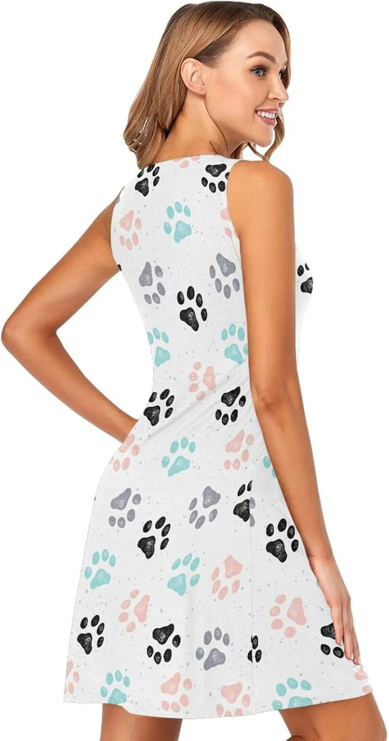ALAZA Summer Dress Colorful Dog Paw Prints Sun Dresses Sleeveless w/Pockets