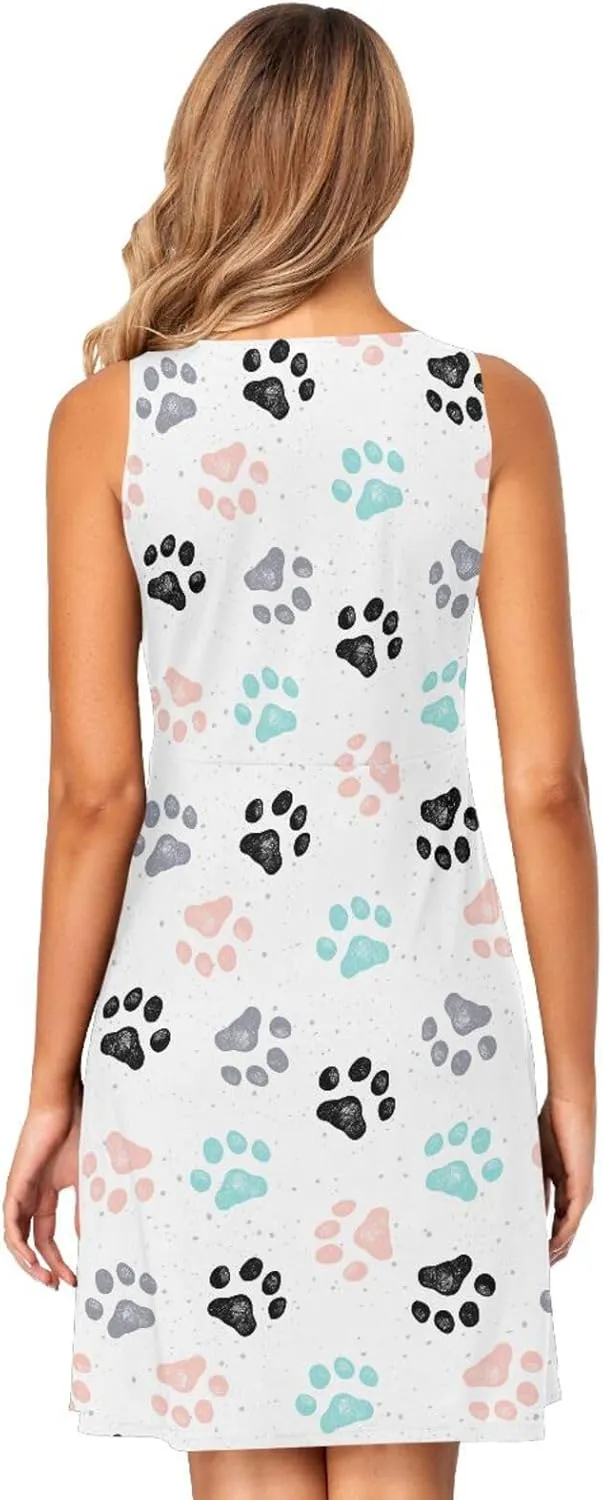 ALAZA Summer Dress Colorful Dog Paw Prints Sun Dresses Sleeveless w/Pockets