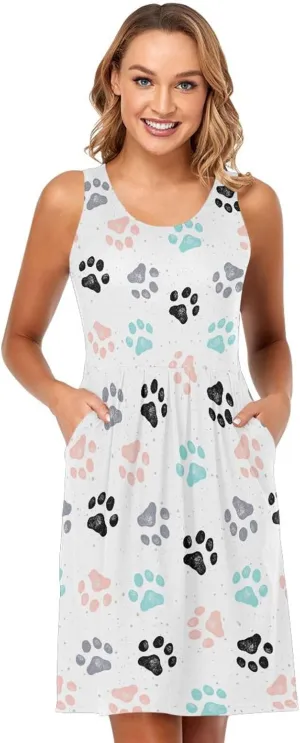 ALAZA Summer Dress Colorful Dog Paw Prints Sun Dresses Sleeveless w/Pockets