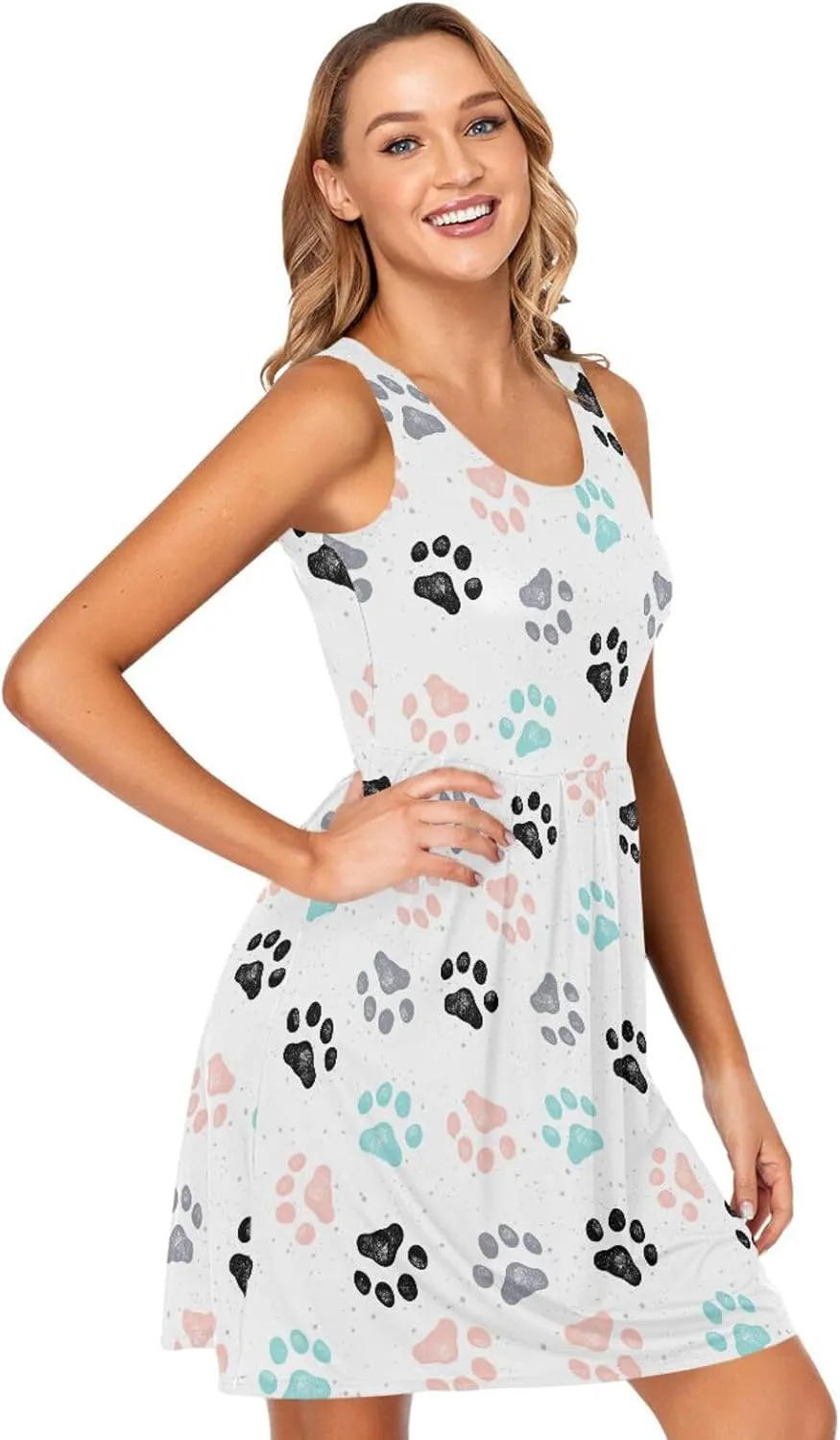 ALAZA Summer Dress Colorful Dog Paw Prints Sun Dresses Sleeveless w/Pockets