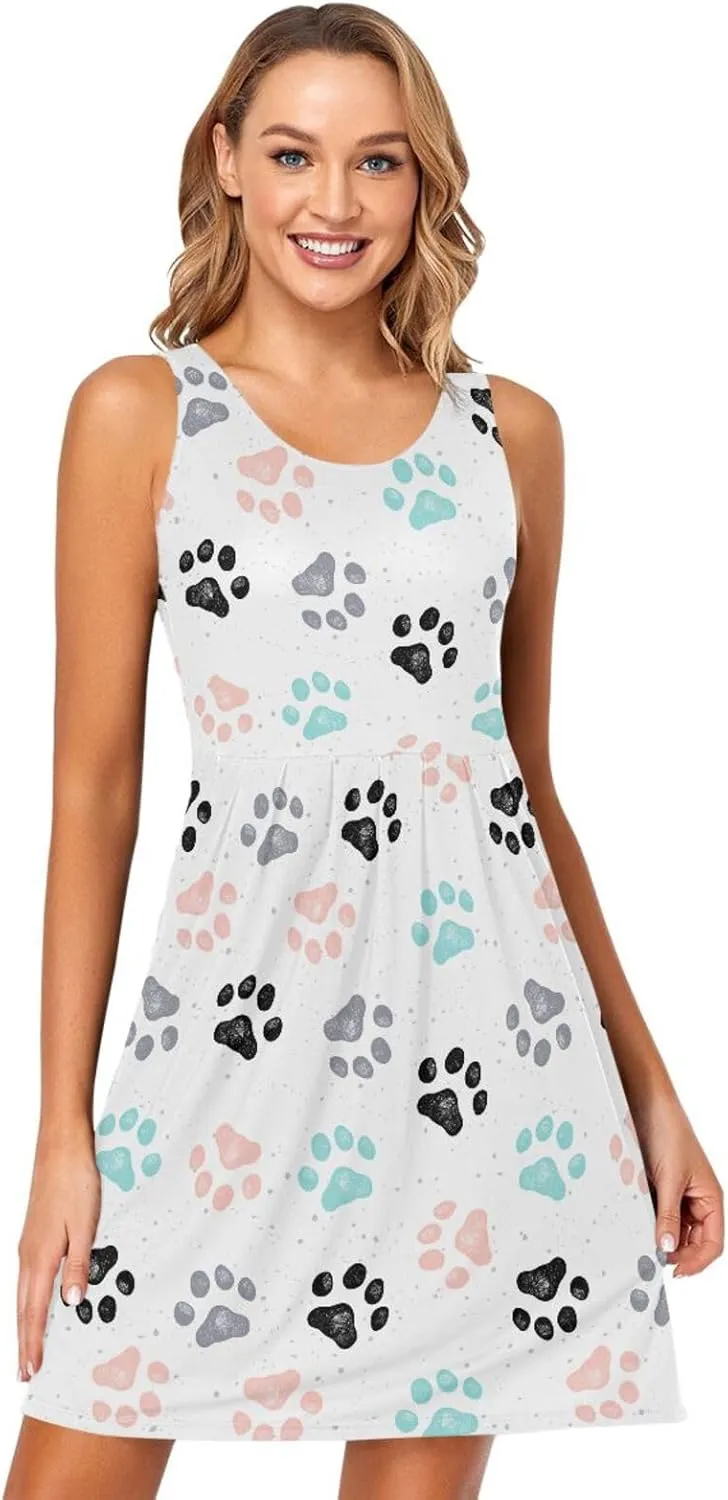 ALAZA Summer Dress Colorful Dog Paw Prints Sun Dresses Sleeveless w/Pockets