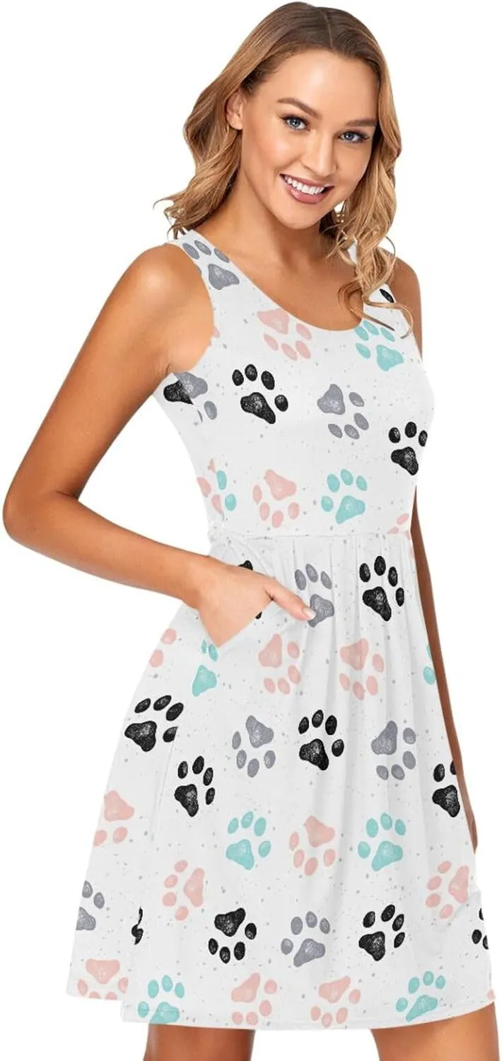 ALAZA Summer Dress Colorful Dog Paw Prints Sun Dresses Sleeveless w/Pockets