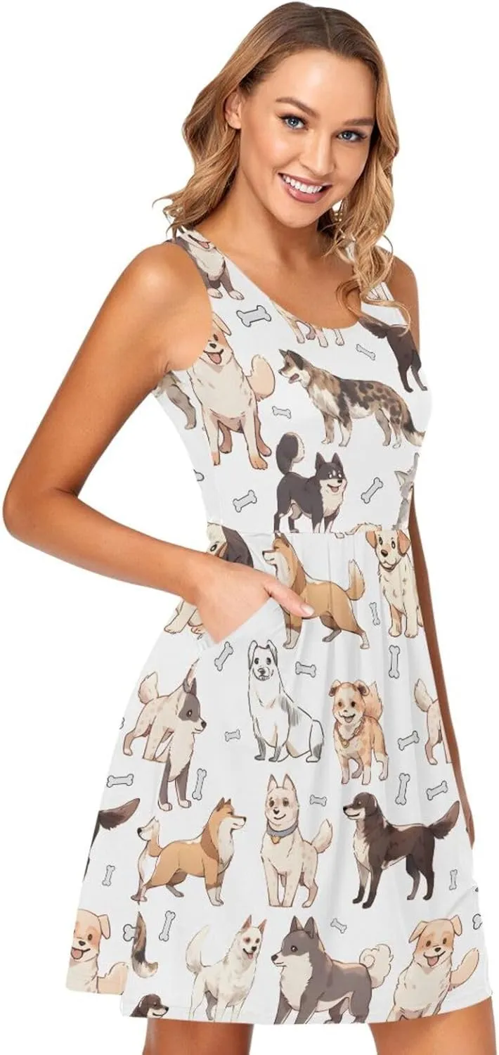 ALAZA Summer Dress Doodle Dog Print Cute Puppies Sun Dresses Sleeveless w/Pockets
