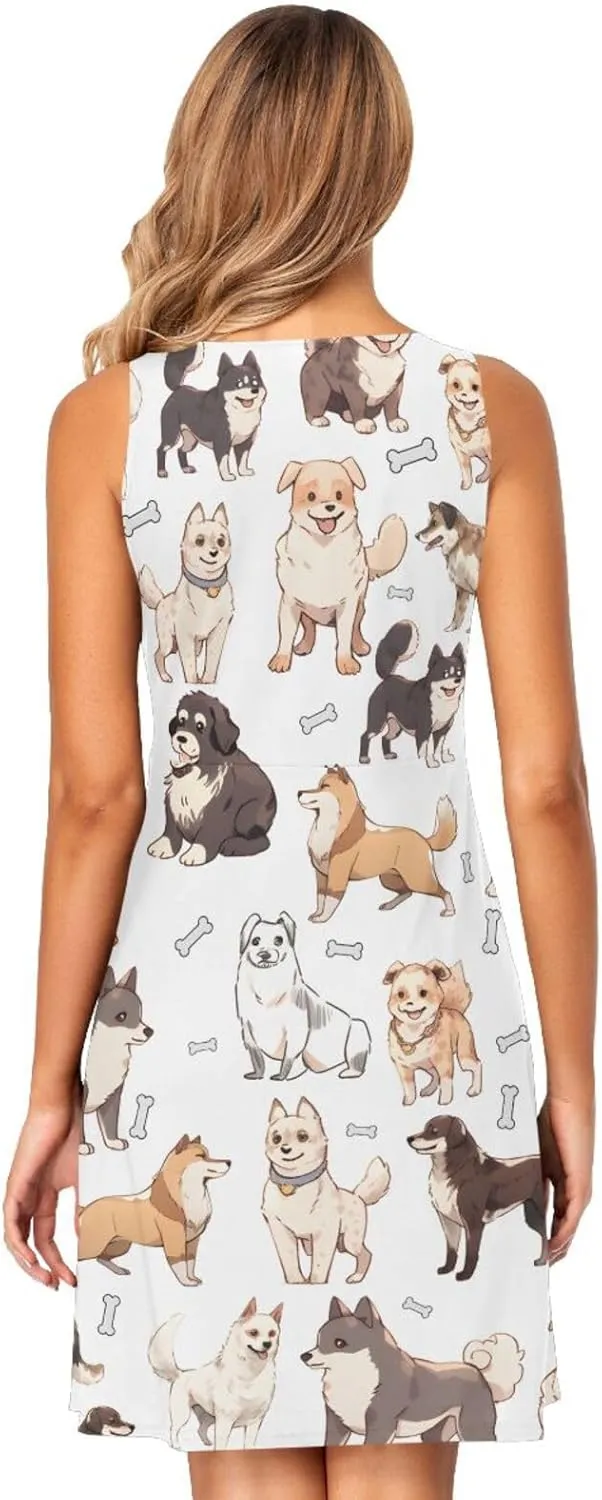 ALAZA Summer Dress Doodle Dog Print Cute Puppies Sun Dresses Sleeveless w/Pockets