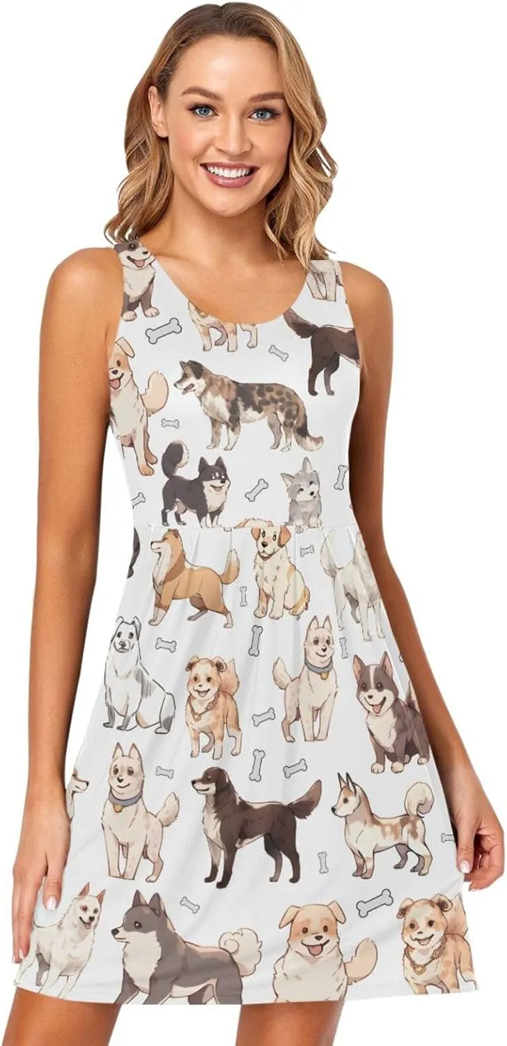 ALAZA Summer Dress Doodle Dog Print Cute Puppies Sun Dresses Sleeveless w/Pockets