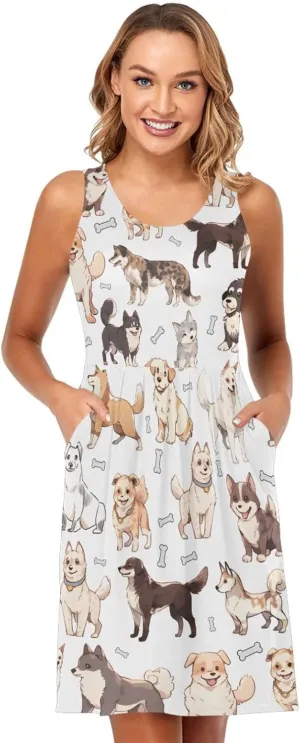 ALAZA Summer Dress Doodle Dog Print Cute Puppies Sun Dresses Sleeveless w/Pockets