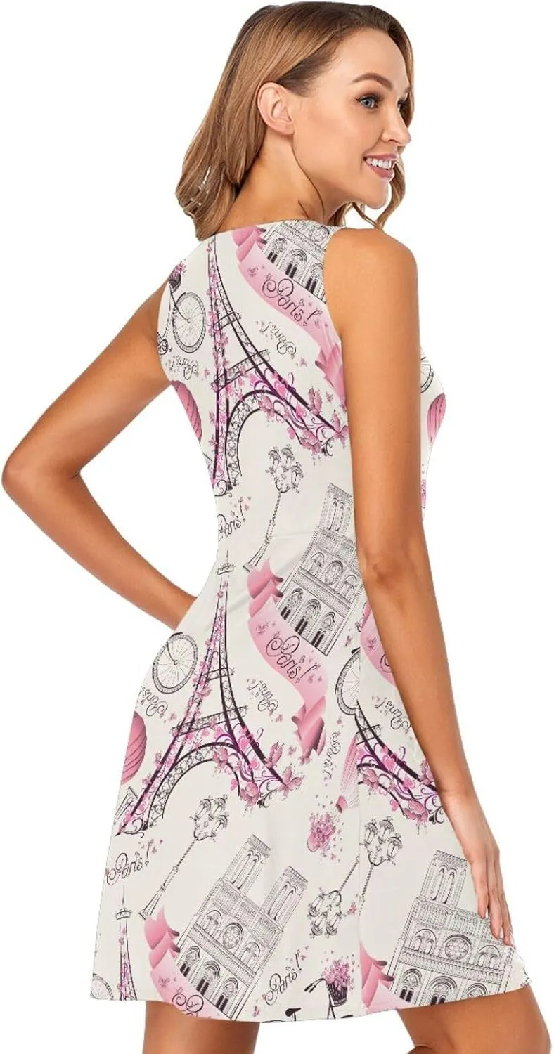 ALAZA Summer Dress Eiffel Tower Paris Sun Dresses Sleeveless w/Pockets