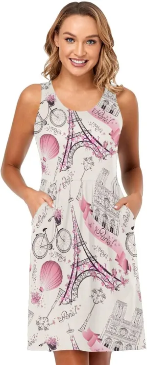ALAZA Summer Dress Eiffel Tower Paris Sun Dresses Sleeveless w/Pockets