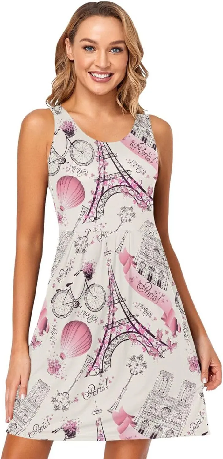 ALAZA Summer Dress Eiffel Tower Paris Sun Dresses Sleeveless w/Pockets