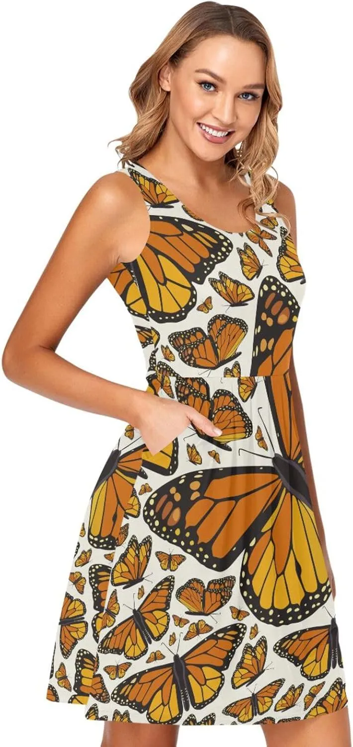 ALAZA Summer Dress Monarch Flying Butterfly Print Sun Dresses Sleeveless w/Pockets