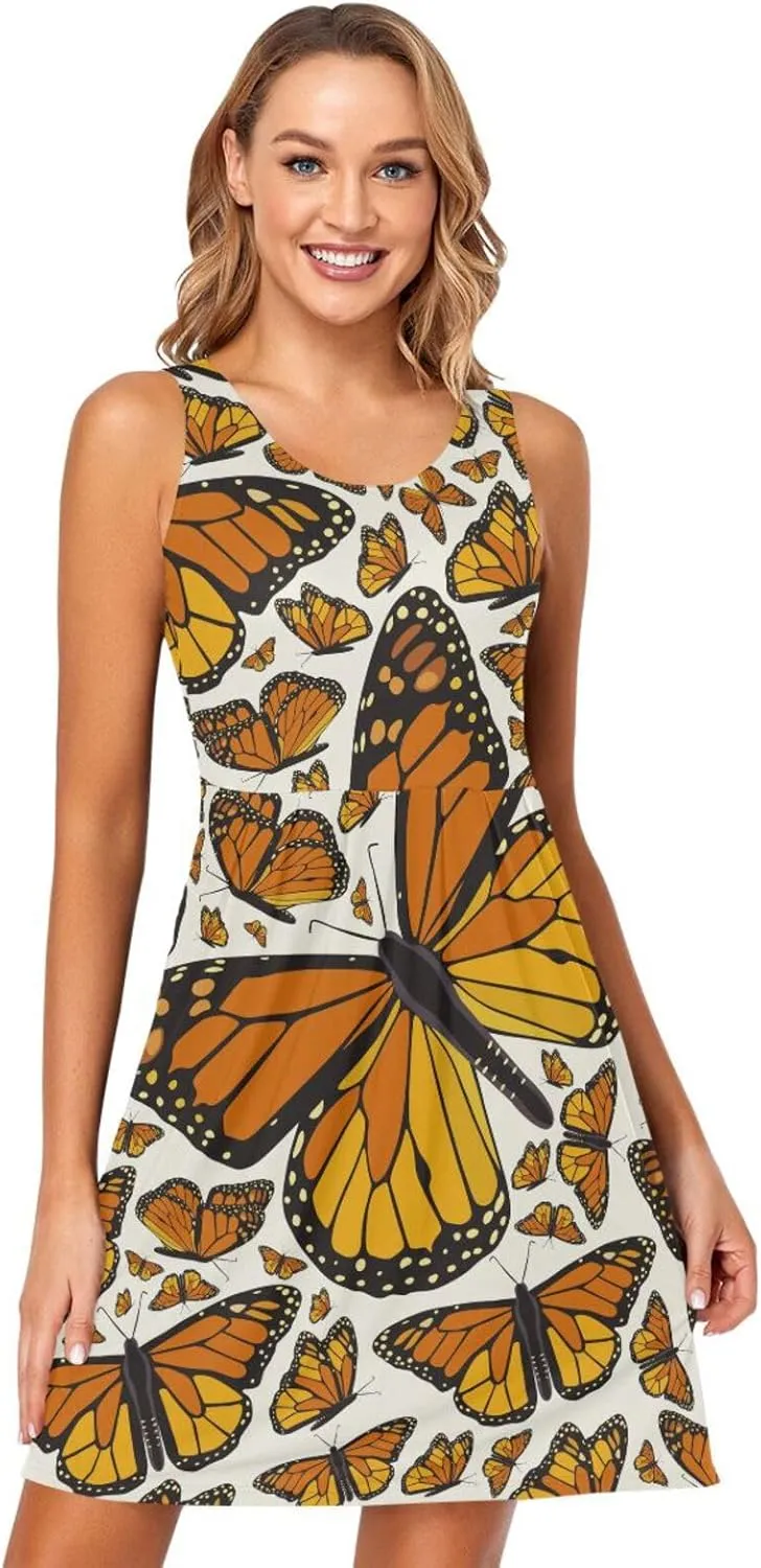 ALAZA Summer Dress Monarch Flying Butterfly Print Sun Dresses Sleeveless w/Pockets