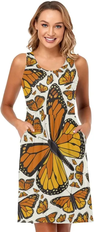 ALAZA Summer Dress Monarch Flying Butterfly Print Sun Dresses Sleeveless w/Pockets