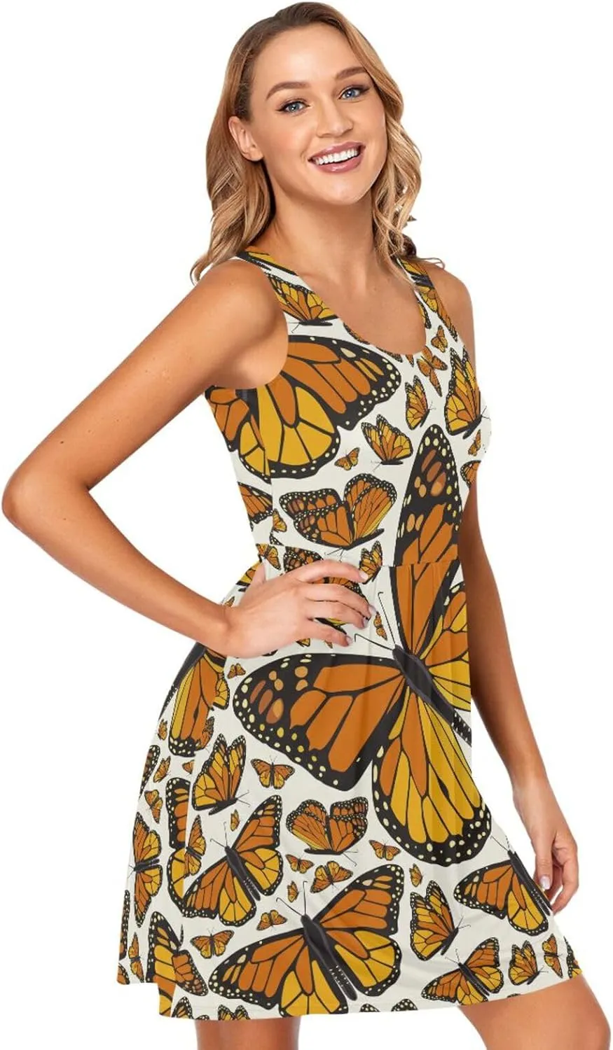 ALAZA Summer Dress Monarch Flying Butterfly Print Sun Dresses Sleeveless w/Pockets
