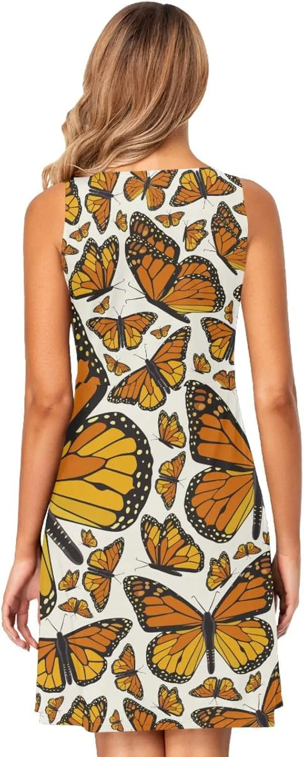 ALAZA Summer Dress Monarch Flying Butterfly Print Sun Dresses Sleeveless w/Pockets