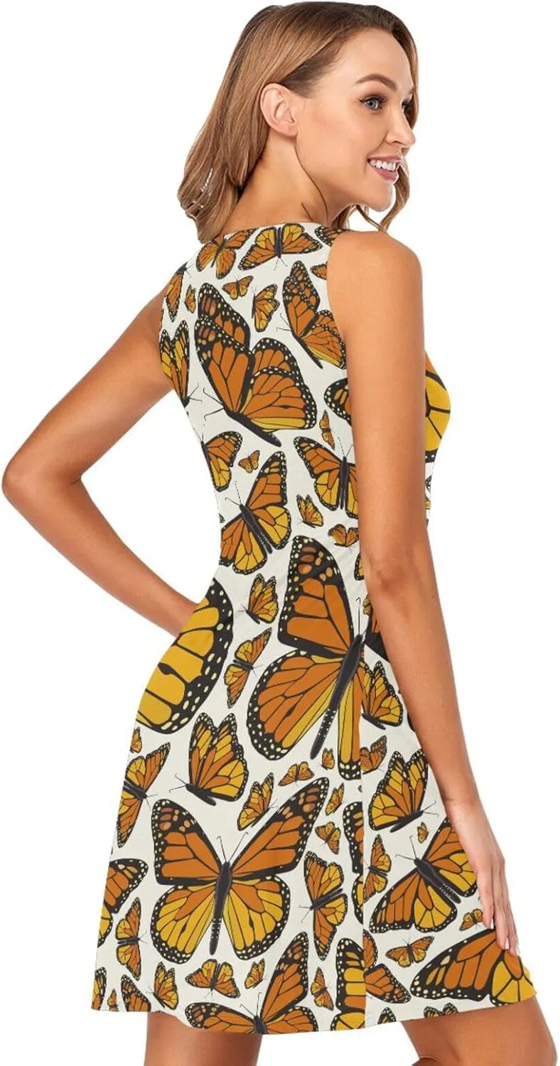 ALAZA Summer Dress Monarch Flying Butterfly Print Sun Dresses Sleeveless w/Pockets