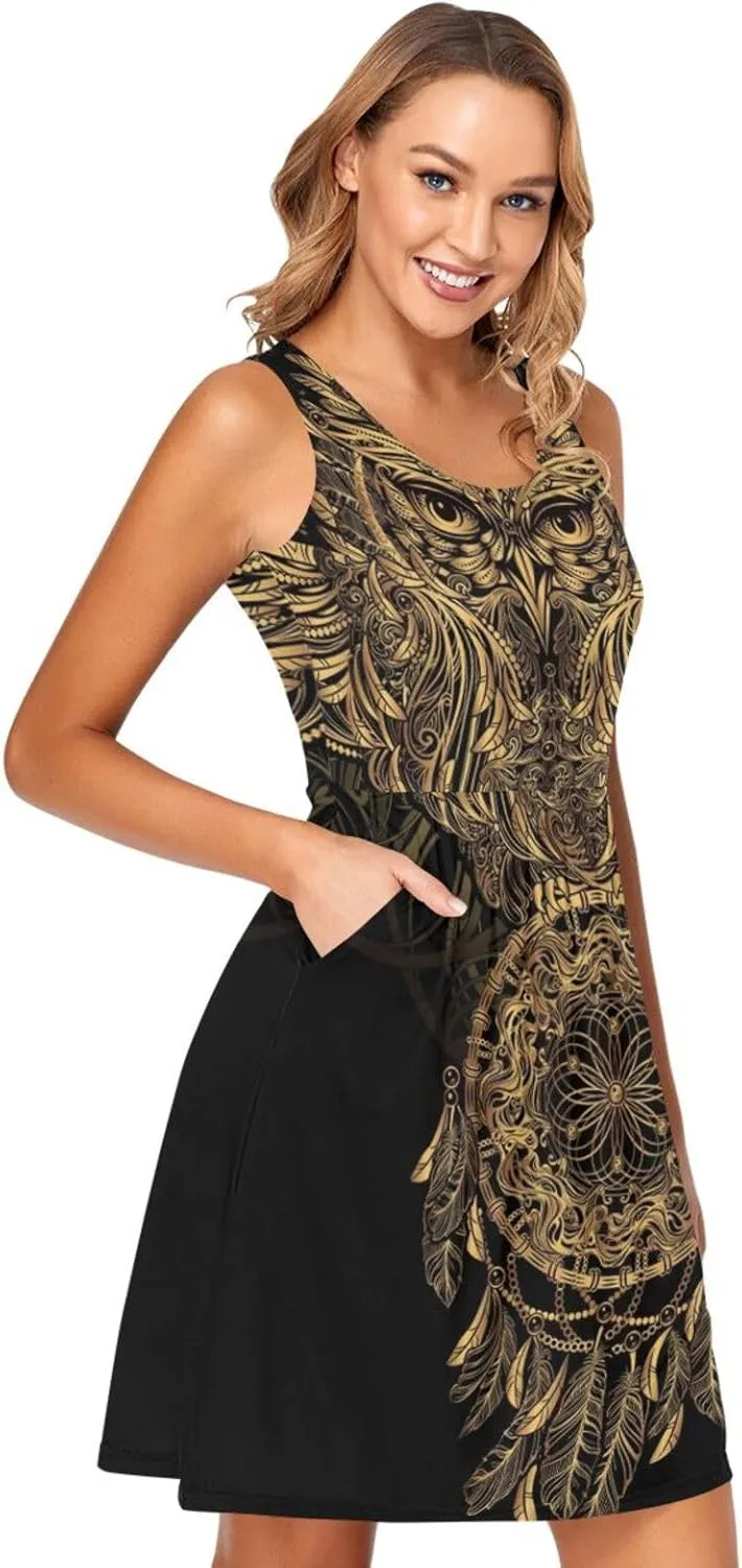 ALAZA Summer Dress Owl Dream Catcher Mandala Ethnic Dreamcatcher Sun Dresses Sleeveless w/Pockets