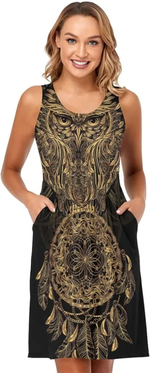 ALAZA Summer Dress Owl Dream Catcher Mandala Ethnic Dreamcatcher Sun Dresses Sleeveless w/Pockets