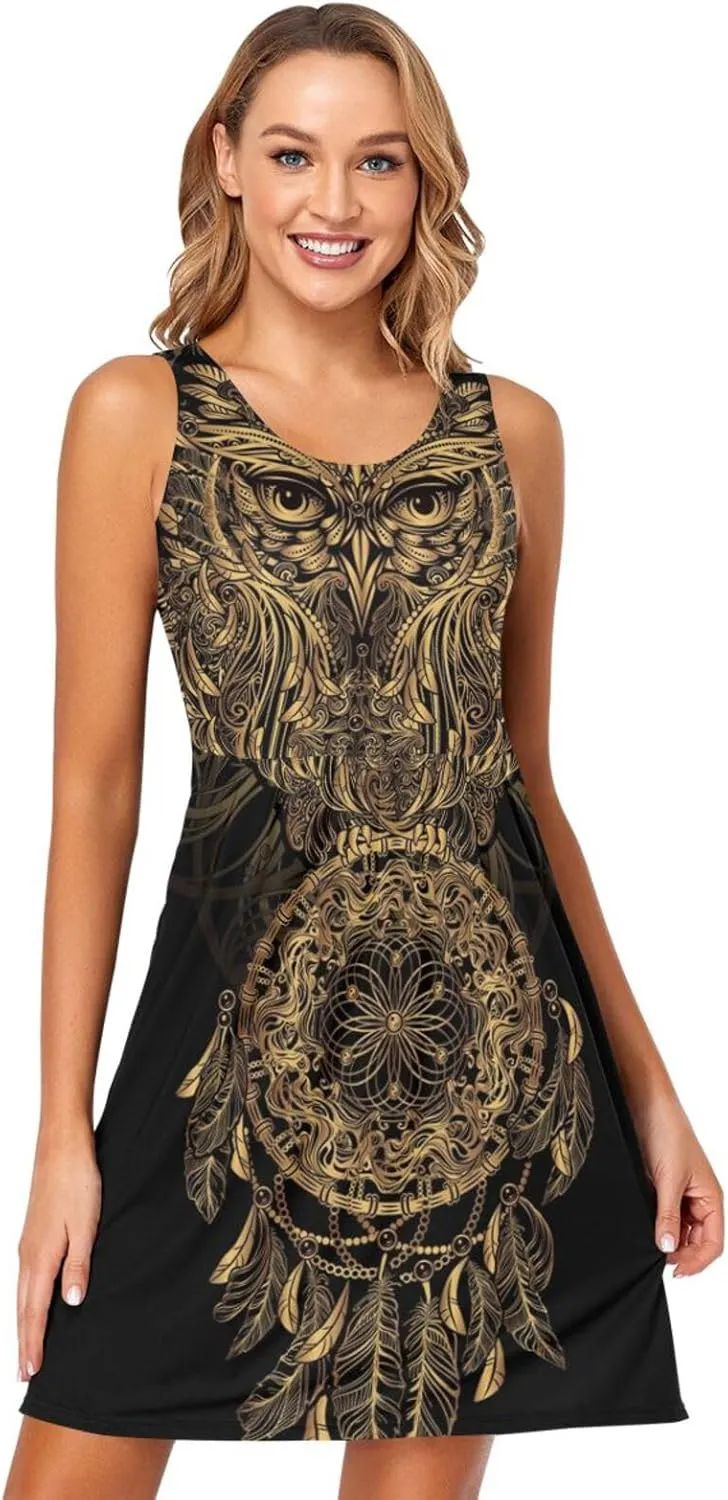 ALAZA Summer Dress Owl Dream Catcher Mandala Ethnic Dreamcatcher Sun Dresses Sleeveless w/Pockets