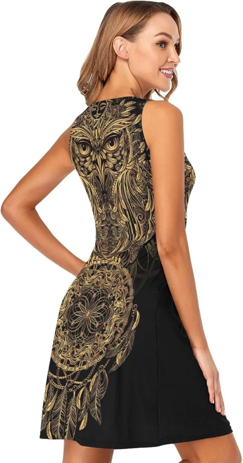 ALAZA Summer Dress Owl Dream Catcher Mandala Ethnic Dreamcatcher Sun Dresses Sleeveless w/Pockets