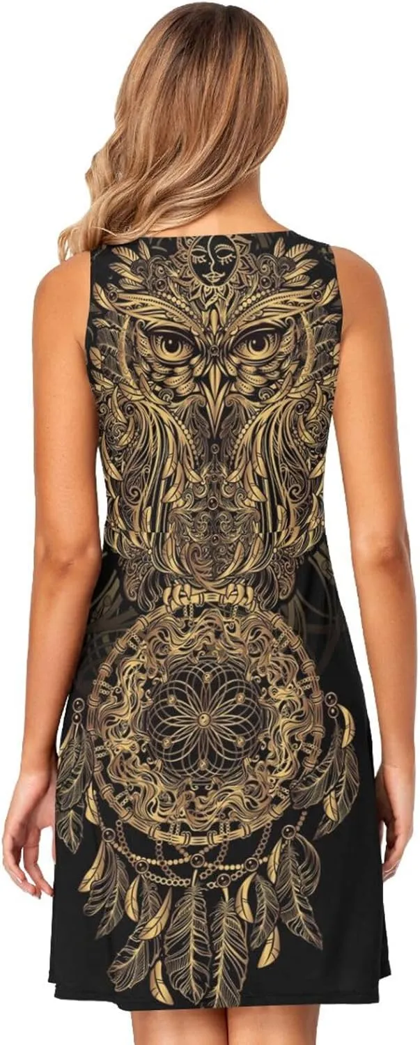 ALAZA Summer Dress Owl Dream Catcher Mandala Ethnic Dreamcatcher Sun Dresses Sleeveless w/Pockets