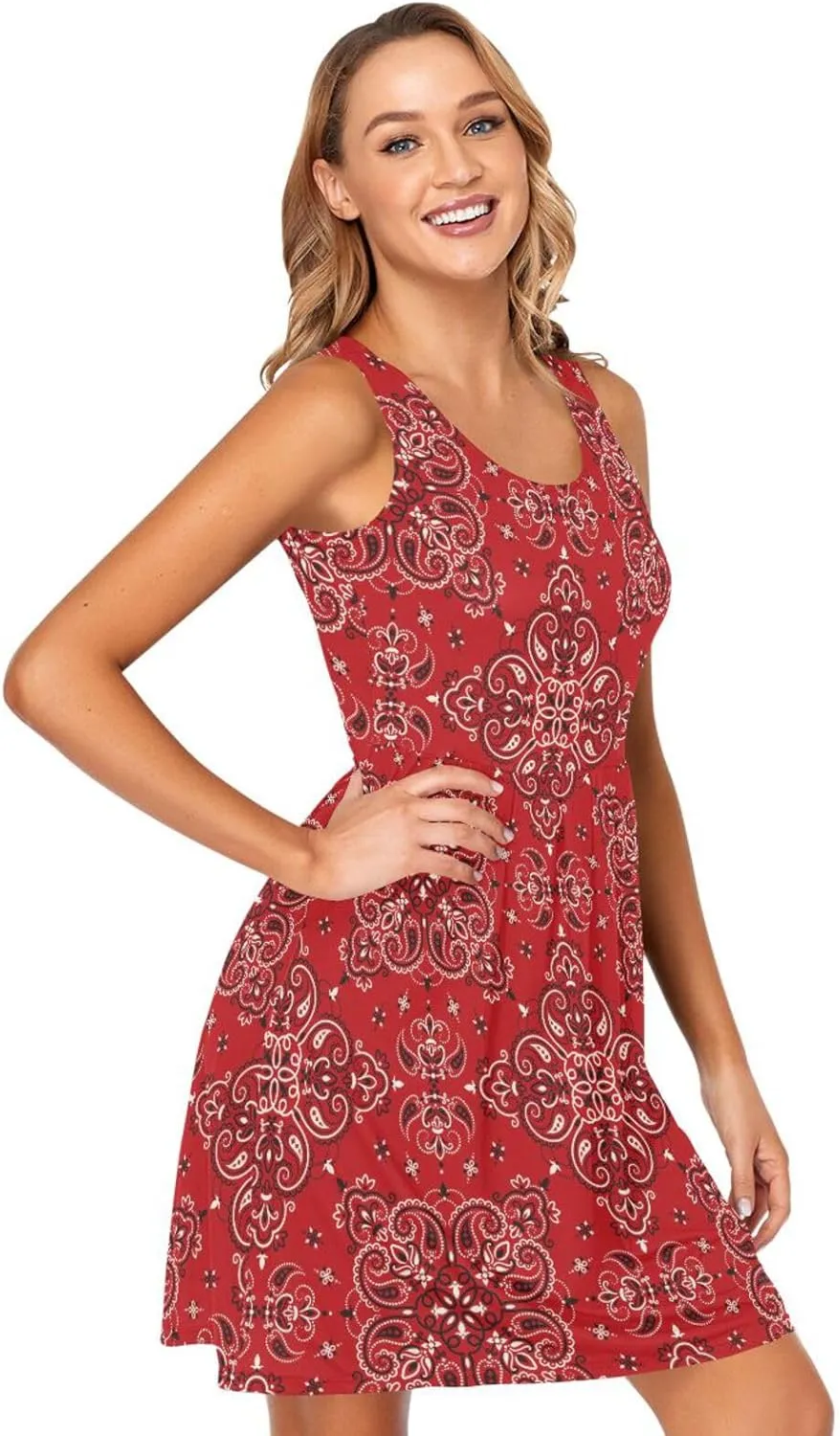 ALAZA Summer Dress Paisley Bandana Boho Red Sun Dresses Sleeveless w/Pockets
