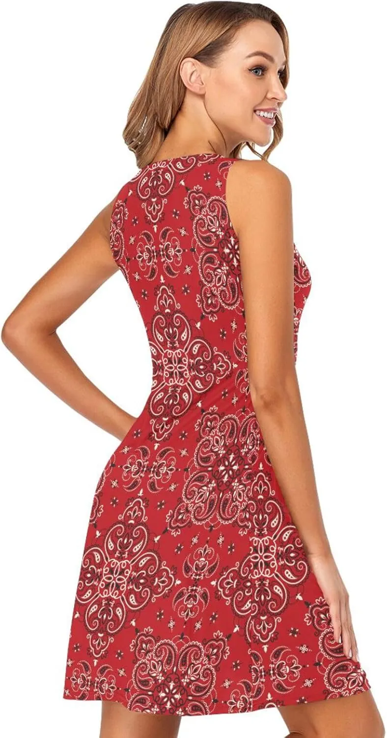 ALAZA Summer Dress Paisley Bandana Boho Red Sun Dresses Sleeveless w/Pockets