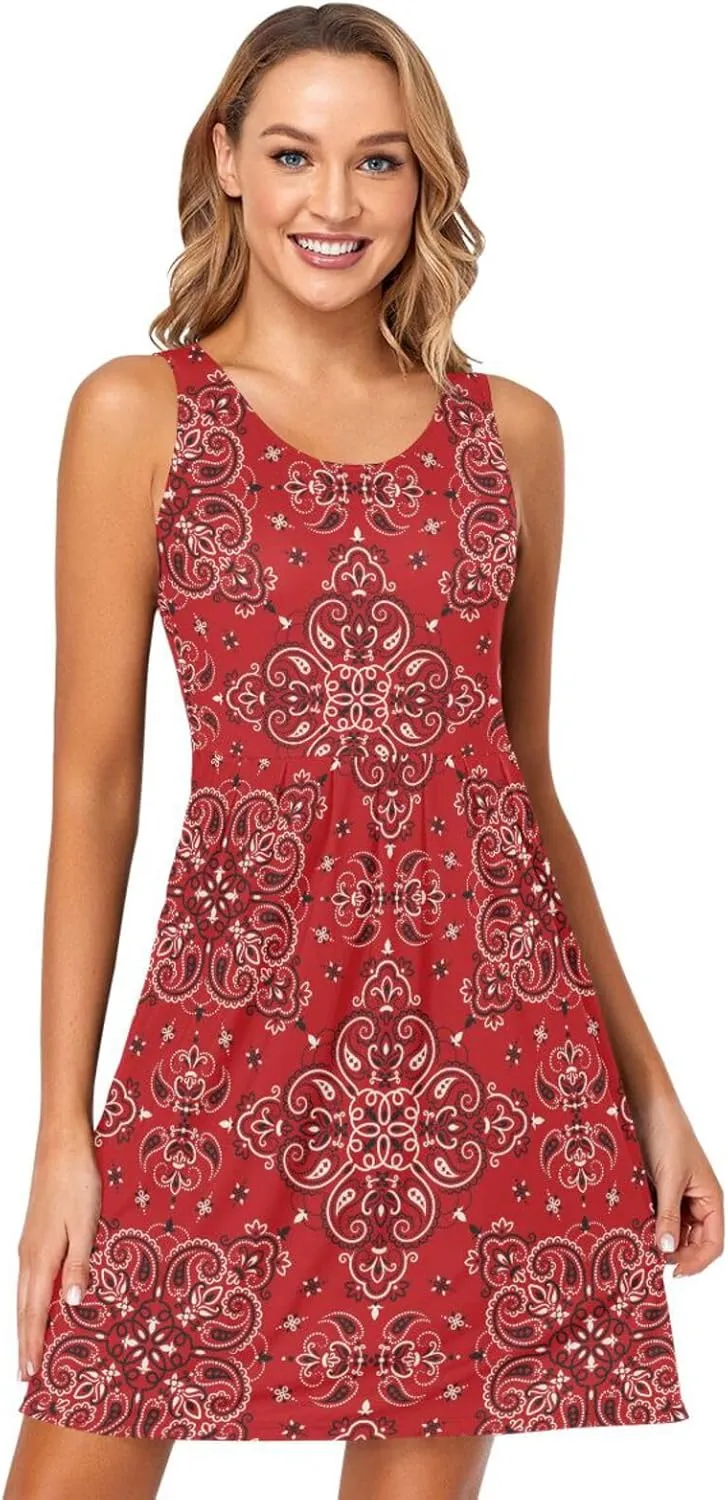 ALAZA Summer Dress Paisley Bandana Boho Red Sun Dresses Sleeveless w/Pockets