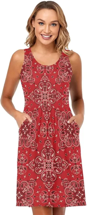 ALAZA Summer Dress Paisley Bandana Boho Red Sun Dresses Sleeveless w/Pockets
