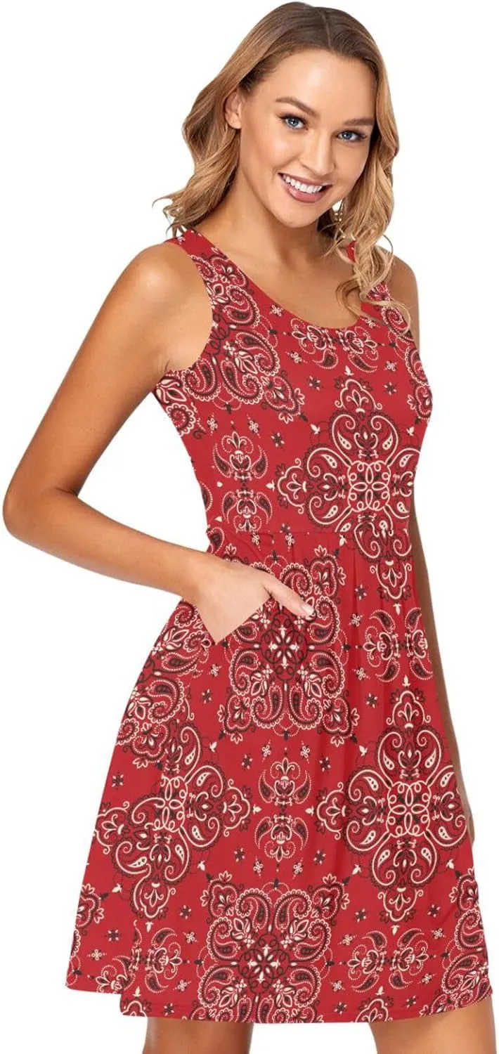 ALAZA Summer Dress Paisley Bandana Boho Red Sun Dresses Sleeveless w/Pockets