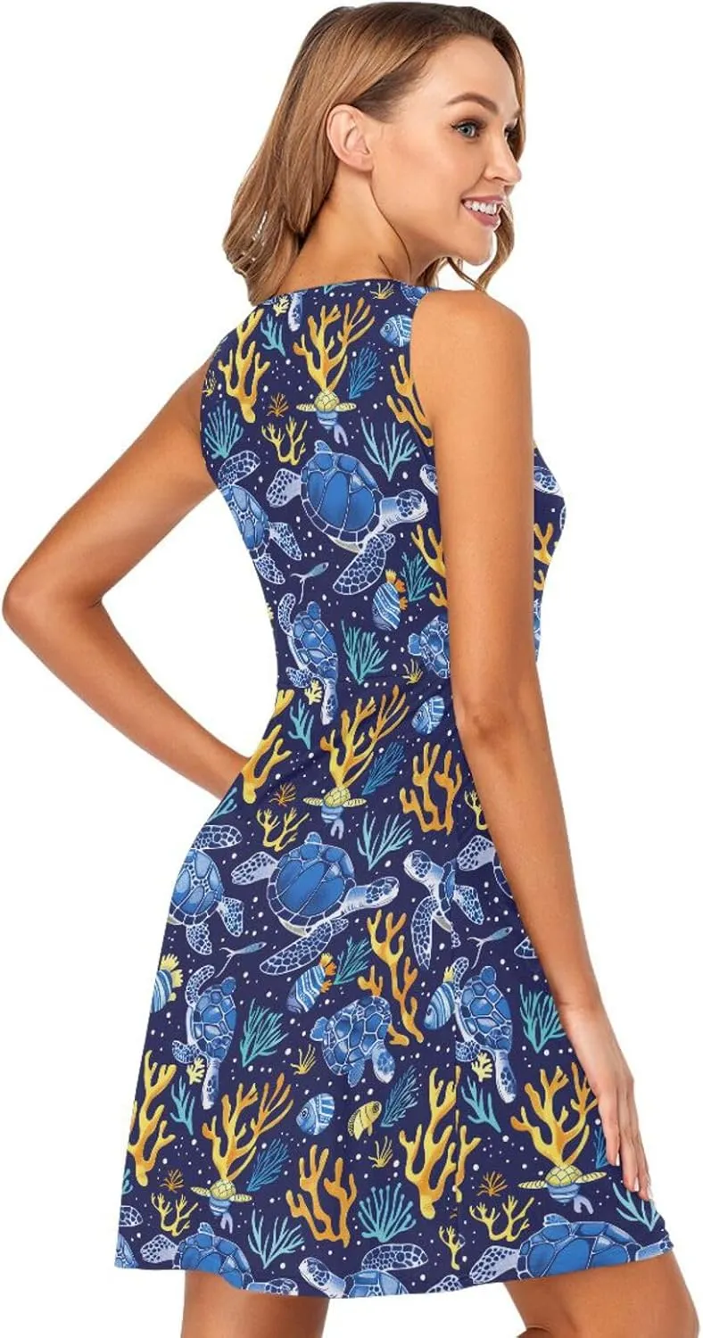 ALAZA Summer Dress Sea Turtle Coral Fish Sun Dresses Sleeveless w/Pockets