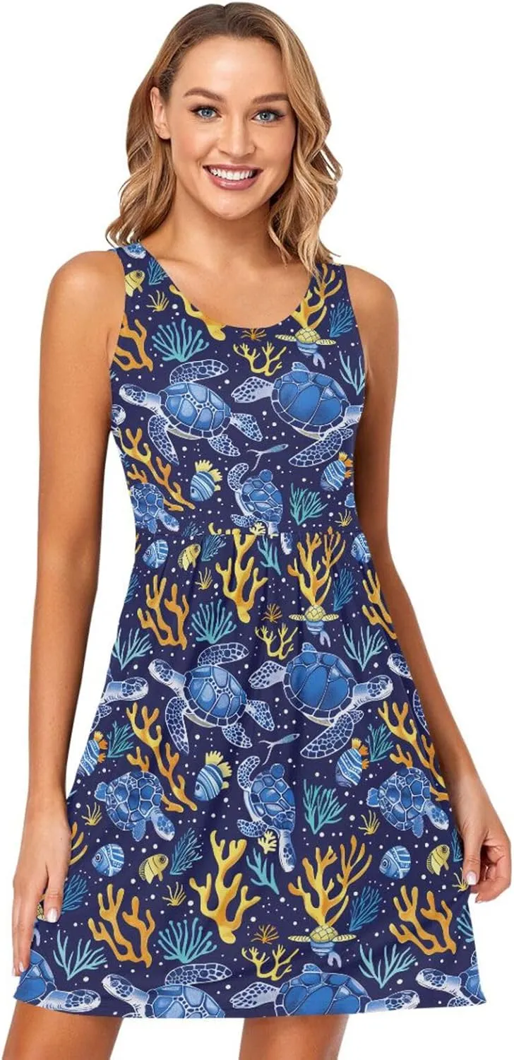 ALAZA Summer Dress Sea Turtle Coral Fish Sun Dresses Sleeveless w/Pockets