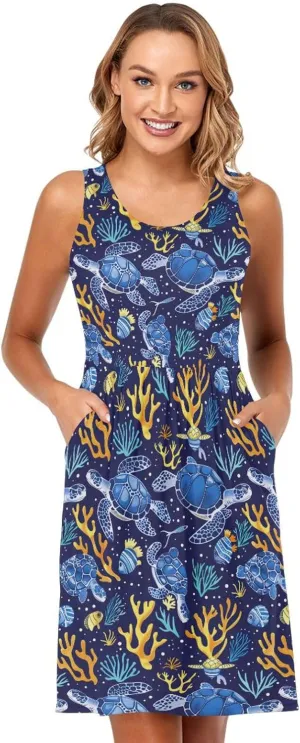 ALAZA Summer Dress Sea Turtle Coral Fish Sun Dresses Sleeveless w/Pockets
