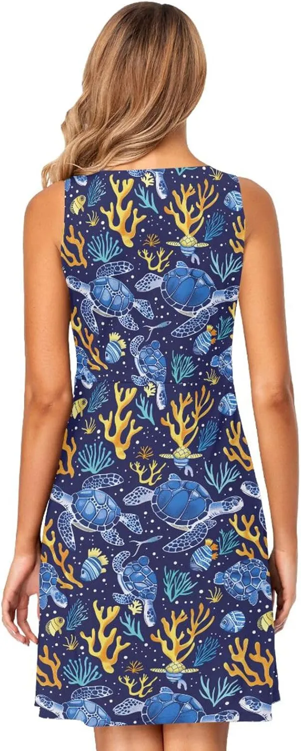 ALAZA Summer Dress Sea Turtle Coral Fish Sun Dresses Sleeveless w/Pockets