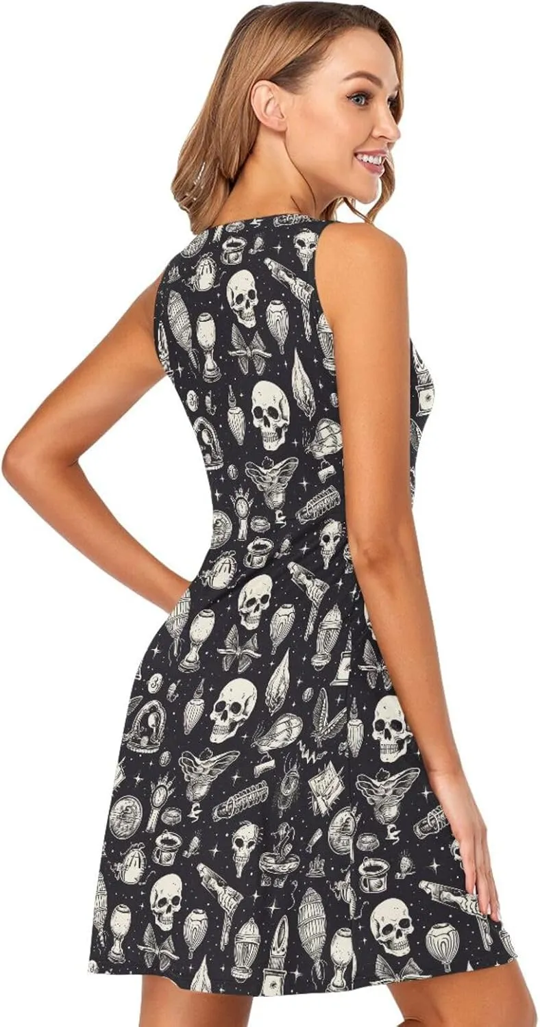ALAZA Summer Dress Skull Witchy Sun Dresses Sleeveless w/Pockets
