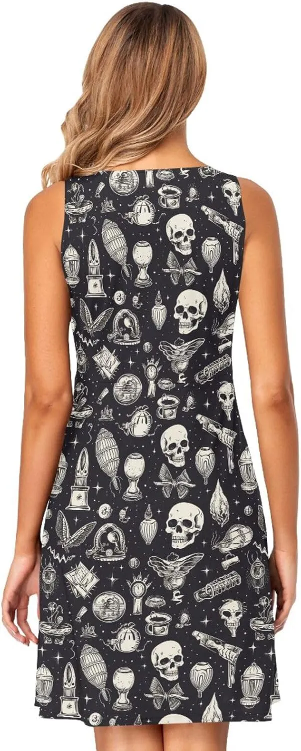 ALAZA Summer Dress Skull Witchy Sun Dresses Sleeveless w/Pockets