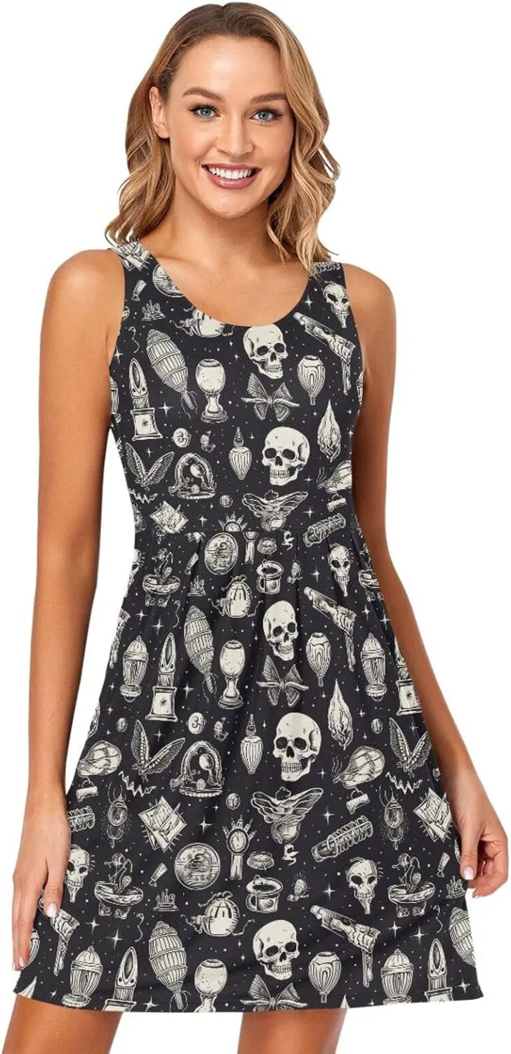 ALAZA Summer Dress Skull Witchy Sun Dresses Sleeveless w/Pockets