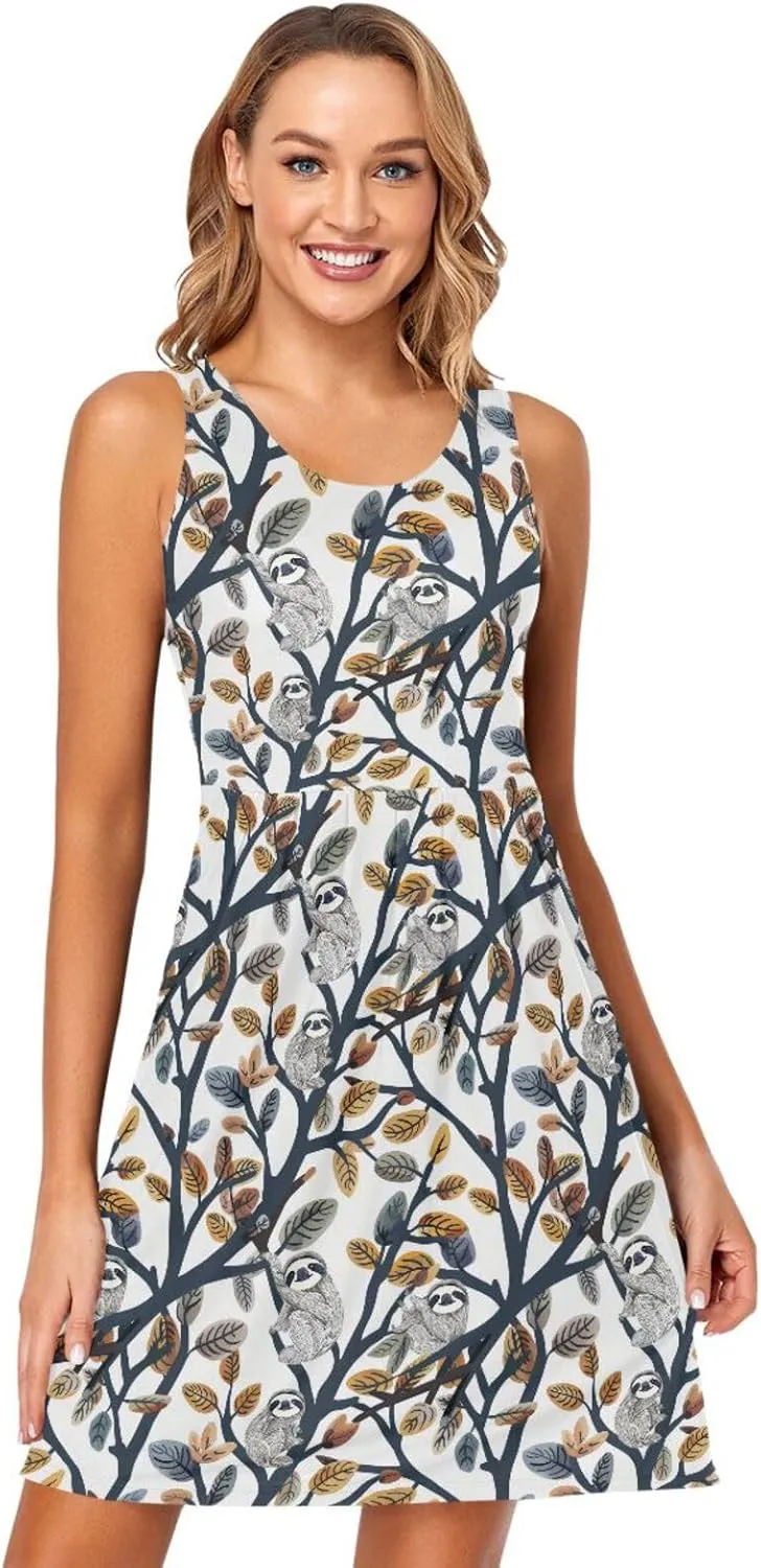 ALAZA Summer Dress Sloth on Branches Sun Dresses Sleeveless w/Pockets