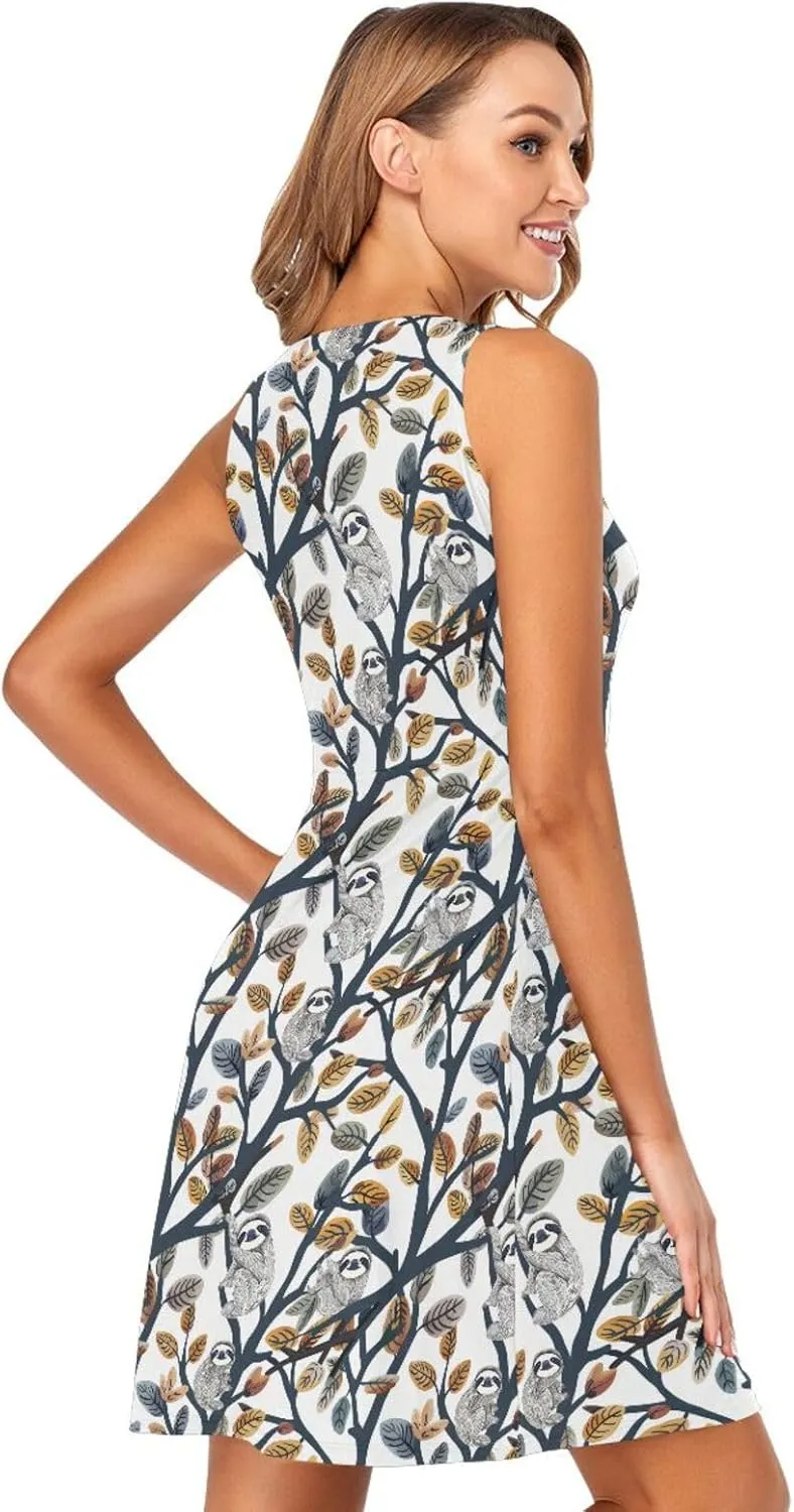 ALAZA Summer Dress Sloth on Branches Sun Dresses Sleeveless w/Pockets
