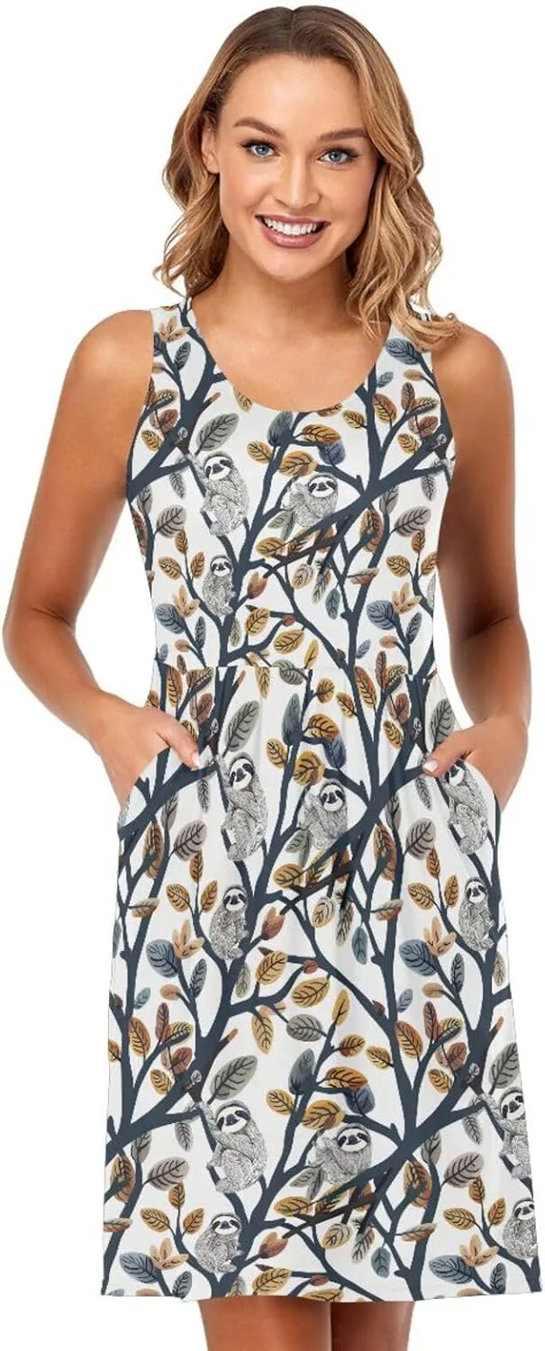 ALAZA Summer Dress Sloth on Branches Sun Dresses Sleeveless w/Pockets
