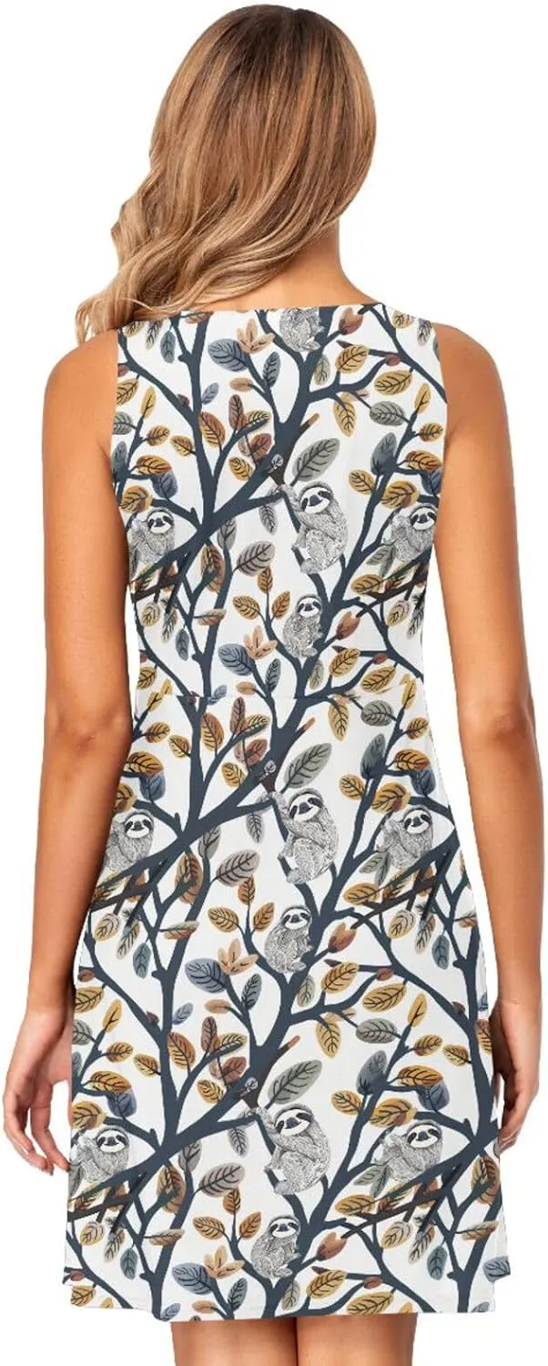 ALAZA Summer Dress Sloth on Branches Sun Dresses Sleeveless w/Pockets
