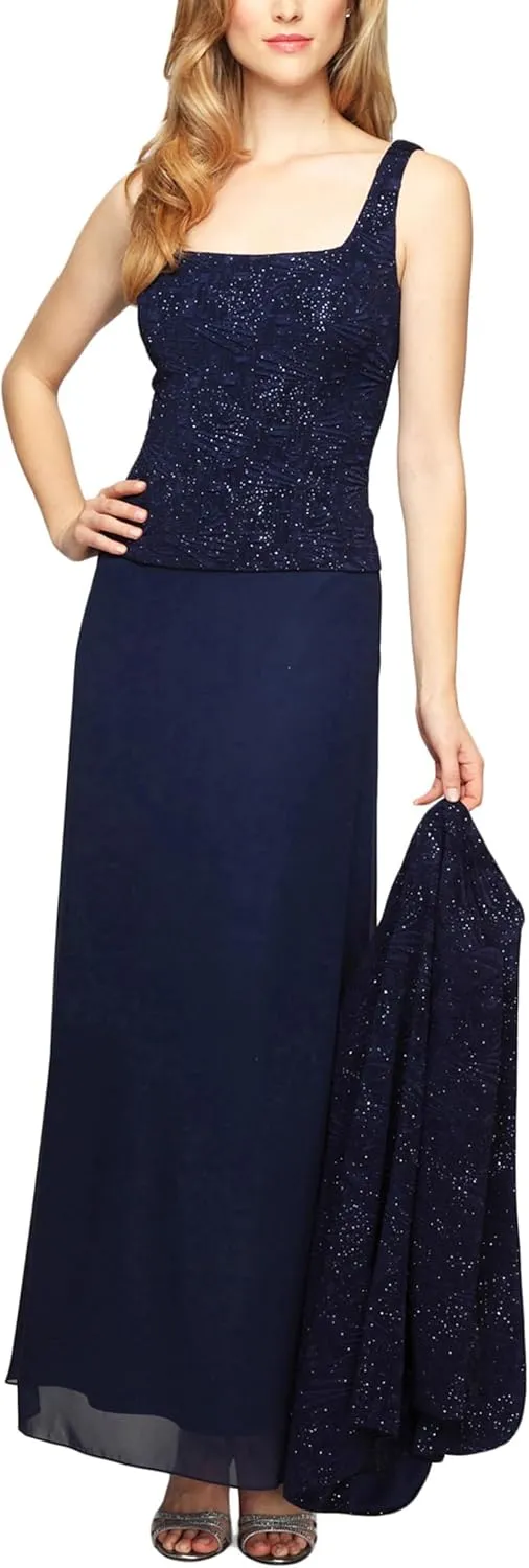 Alex Evenings Women's Long Dress with Mandarin Neckline Jacket (Regular Petite Plus)