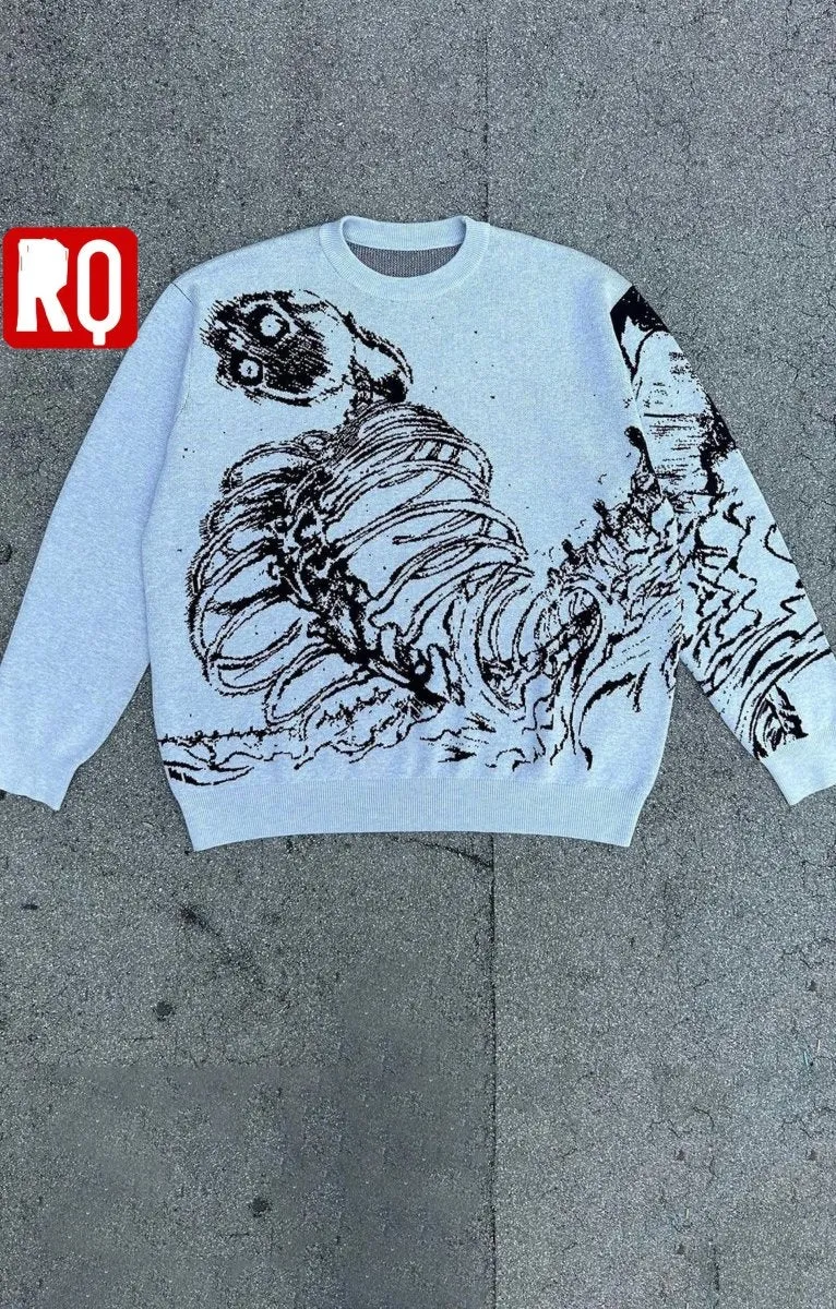Alien skeleton knitted sweater, jacquard sweater, y2k anime design, harajuku fashion