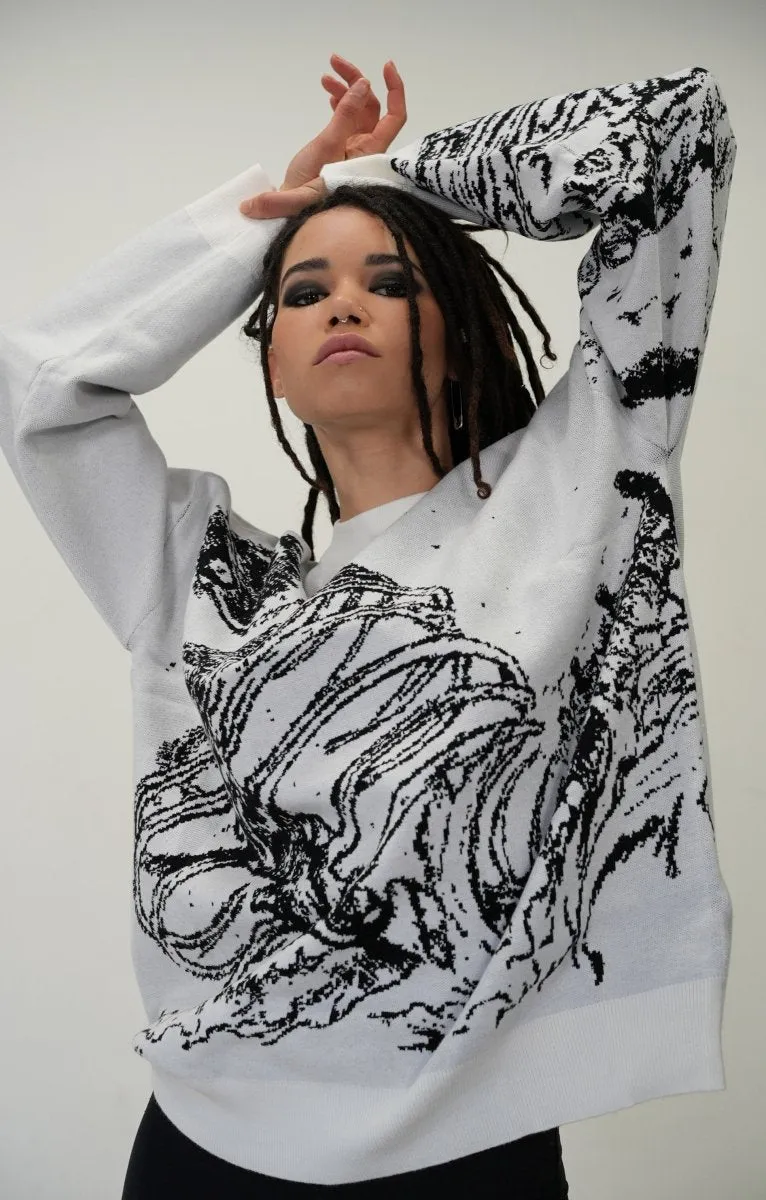 Alien skeleton knitted sweater, jacquard sweater, y2k anime design, harajuku fashion