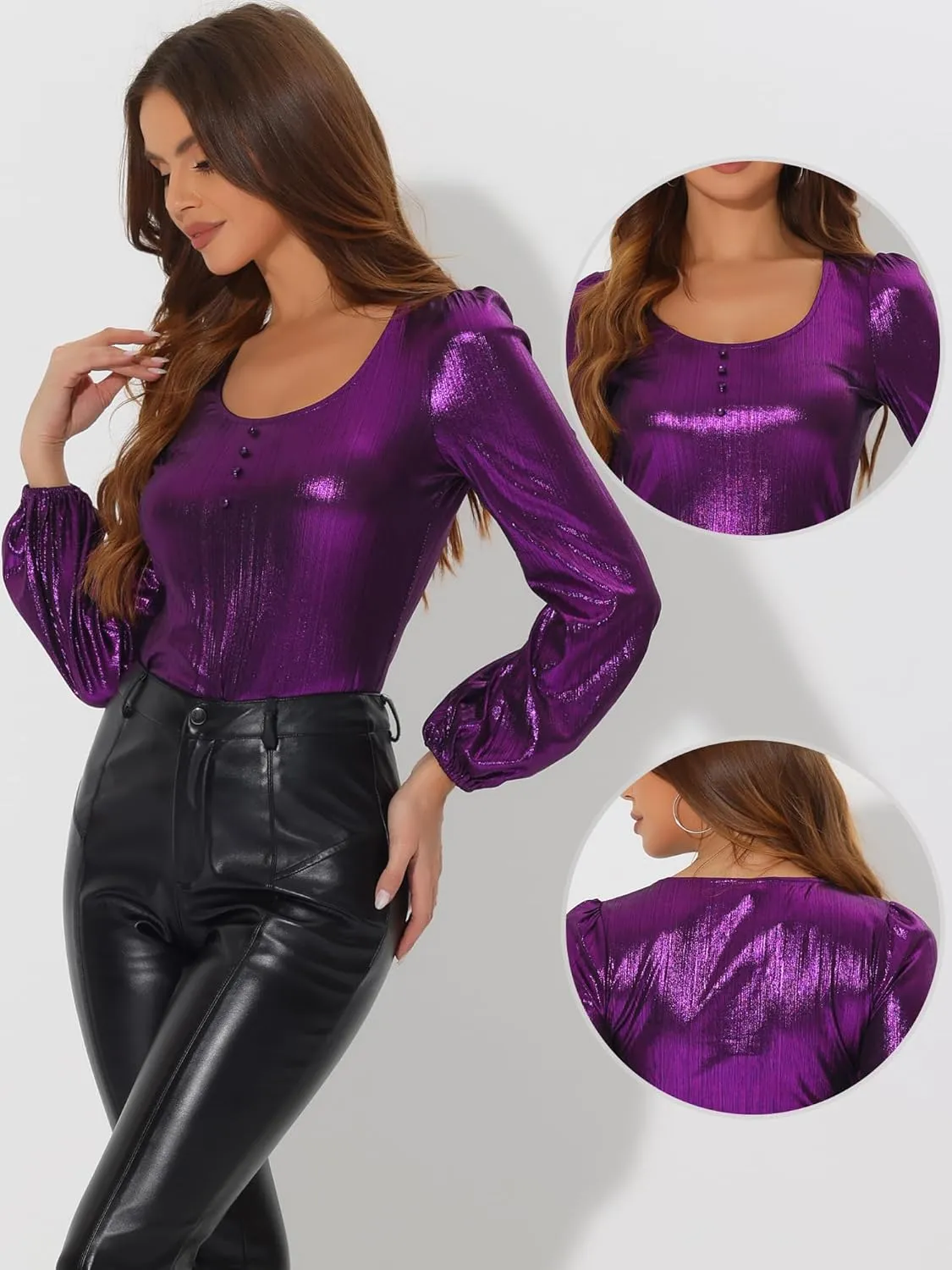 Allegra K Metallic Blouse for Women's Christmas Sparkly Party Shiny Bishop Sleeve Glitter Tops