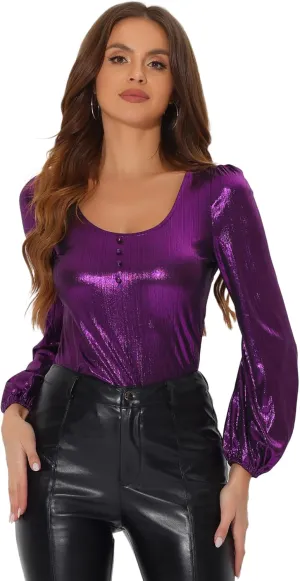 Allegra K Metallic Blouse for Women's Christmas Sparkly Party Shiny Bishop Sleeve Glitter Tops